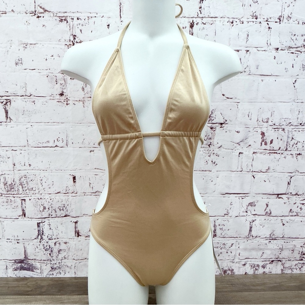 New Wildfox Logo Monokini Barbarella Gold Nude Swim Suit size XS One Piece Rare